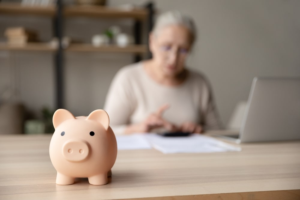 Woman Working On Documents In The Back And A Pink Piggy Bank Looking At The Camera